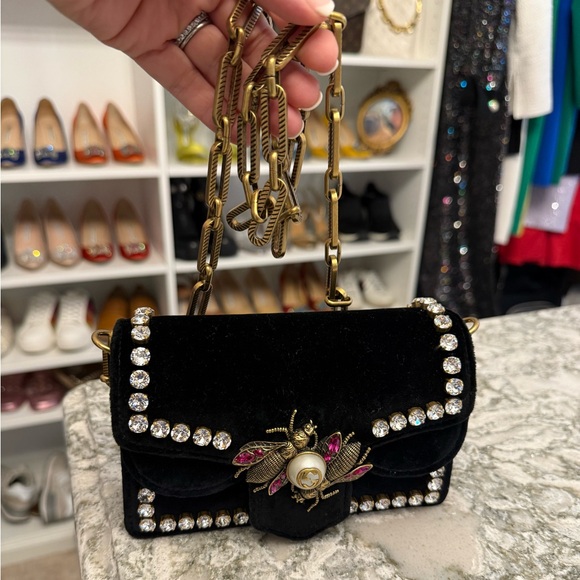 Gucci Broadway Pearly Bee Shoulder Bag Crystal Embellished Velvet Mini - Picture 2 of 12